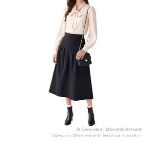 Mac & Jac Black Embroidered Midi Skirt US 2 Romantic Academia